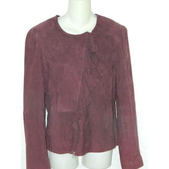Saks‎ Fifth Avenue Jacket Size 8 Burgundy Suede Moto Ruffle - Picture 7 of 8